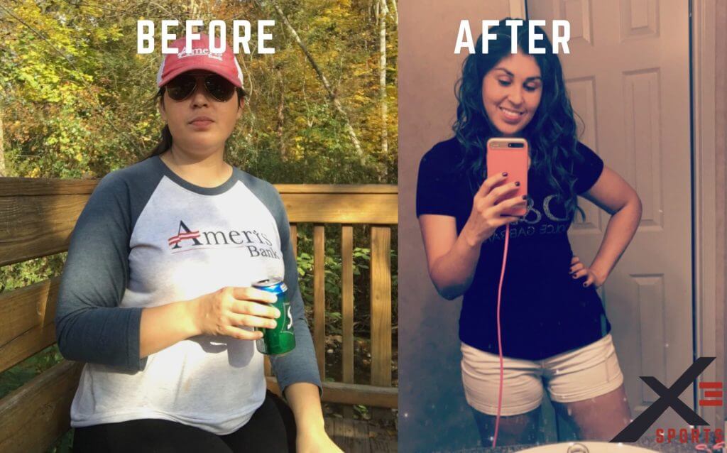 Before and after pictures of Aracely. Weight loss of 60 pounds by taking fitness classes at X3 Sports.