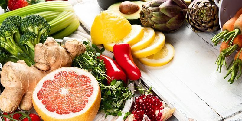 Organic food background. Healthy cooking ingredients - fresh fruits and vegetables. Panorama, banner